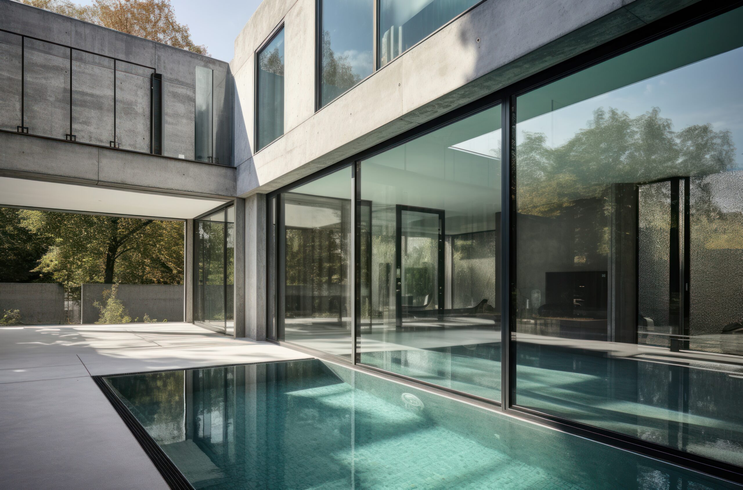 Design house - modern villa with open plan living and private bedroom wing. Large terrace with privacy and, swimming pool. Generative AI