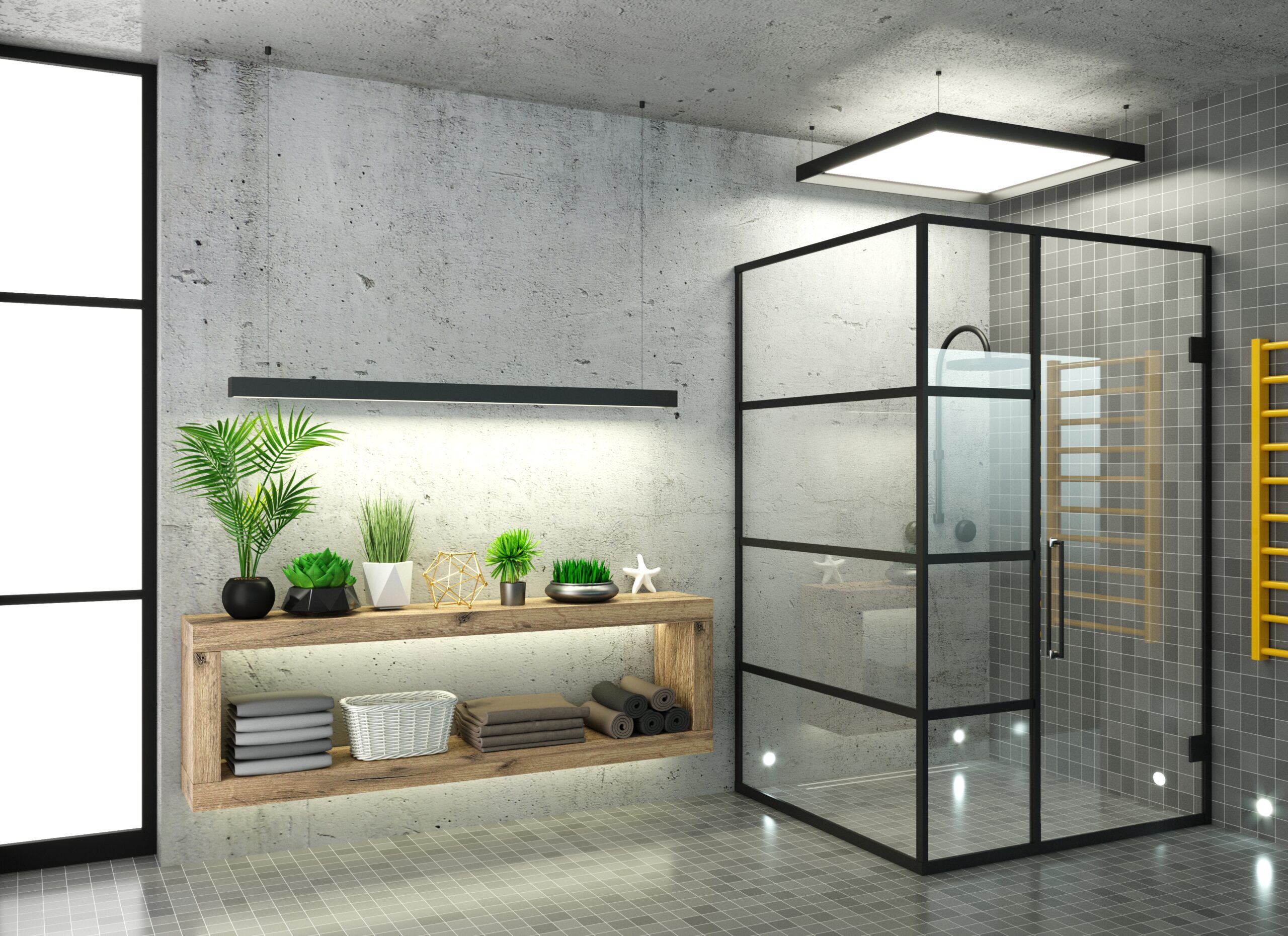 3d illustration. Modern glass shower room. Ceramic tile finishing. Home and interior. Glass doors. Decor and equipment with led