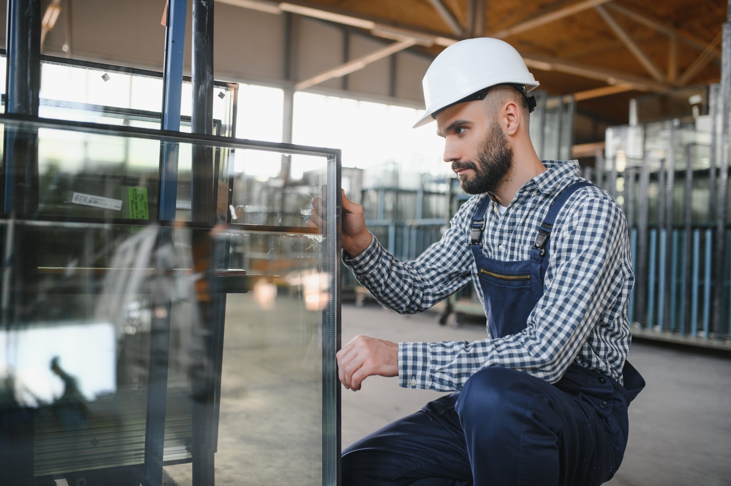 The glazier carries the glass in the glass factory
